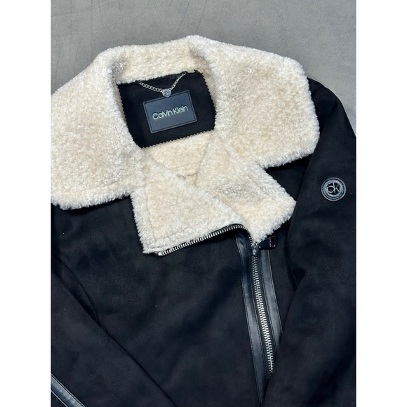 Calvin Klein Women Black Faux Suede Sherpa Lined Moto Jacket Large